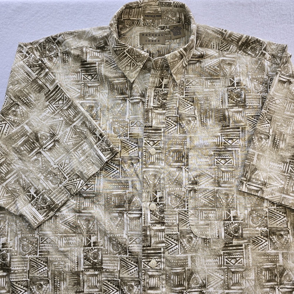 VTG Natural Issue Mens M Shirt Beige Tribal Aztec Abstract‎ Cotton Retro 90s Y2K
